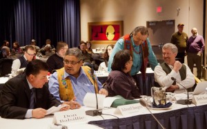 Dene National Chief Bill Erasmus talks to Dehcho Grand Chief Herb Norwegian and lawyer Larry Innes.