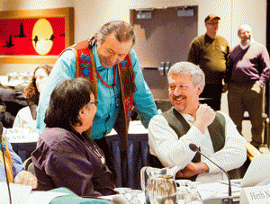 Dene National Chief Bill Erasmus, centre, speaks with Dehcho Grand Chief Herb Norwegian and his legal counsel Larry Innes at Bill C-15 hearings in Yellowknife.