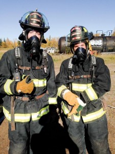 Dallas Phillips and Sarah Rosolen suit up for training at the training centre in Hay River.