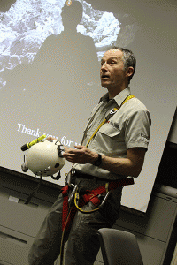 Parks Canada karst expert Greg Horne shows off some of his caving equipment at a public presentation last Thursday evening in Fort Smith.