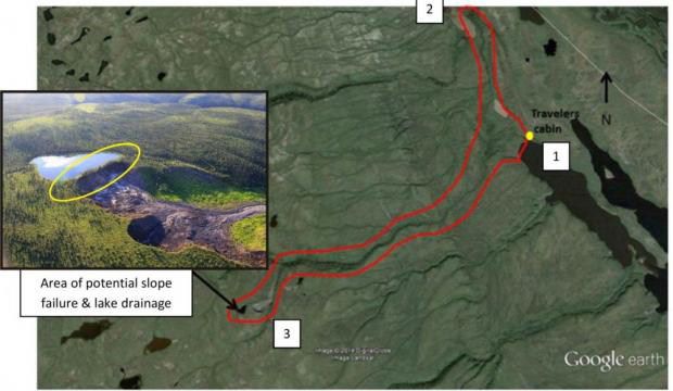 The area outlined in red could be impacted by flash flooding and debris flows following the drainage of a small lake due to permafrost thaw at Husky Lake in Peel Plateau region.