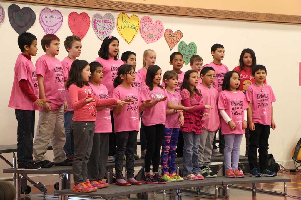 Janet Bell's Grade 3 class sang a song about treating others with love and respect during a Pink Shirt Day assembly on Feb. 23.