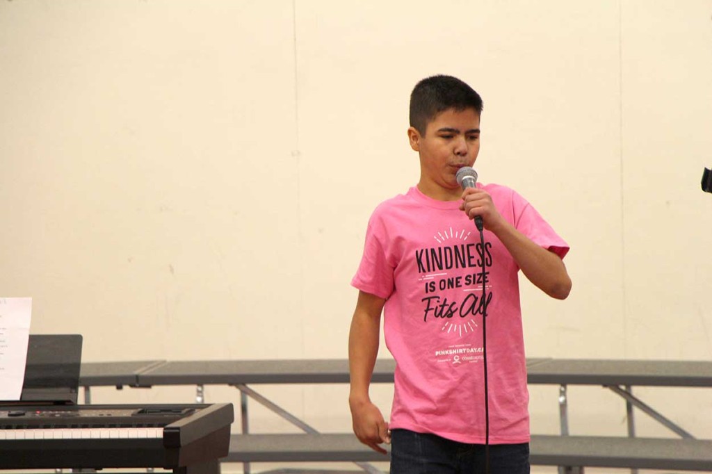 PWK High School student Jomei Newkirk performed an original anti-bullying rap he wrote as a 10-year-old at JBT Elementary School during a Pink Shirt Day assembly on Feb. 23.
