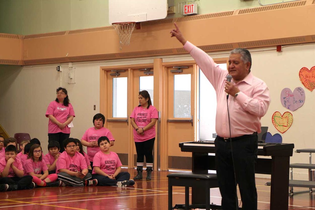 NWT Commissioner George Tuccaro shared a personal story of losing a young 13-year-old cousin to suicide brought on by bullying with students at JBT in Fort Smith on Feb. 23.