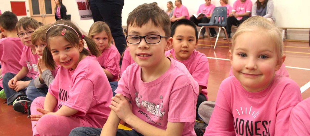 JBT Elementary School students donned their pink shirts a day early on Feb. 23 for a special visit from NWT Commissioner George Tuccaro.